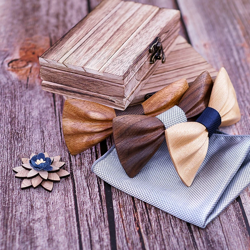 Nœud papillon en bois pour mariage, nouveau Design, Plaid solide, boutons de manchette carrés, broche, ensemble, costume, cravates Hanky, cadeau