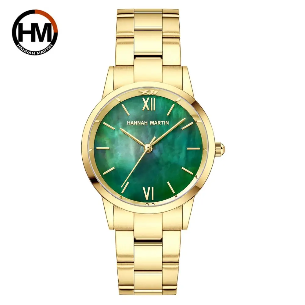 2021 Nieuwe Stijl Gold Rvs Groene Steen Dial Japan Quartz Shell Pearl Oyster Merk Vrouwen Waterdichte Lady Retro horloges