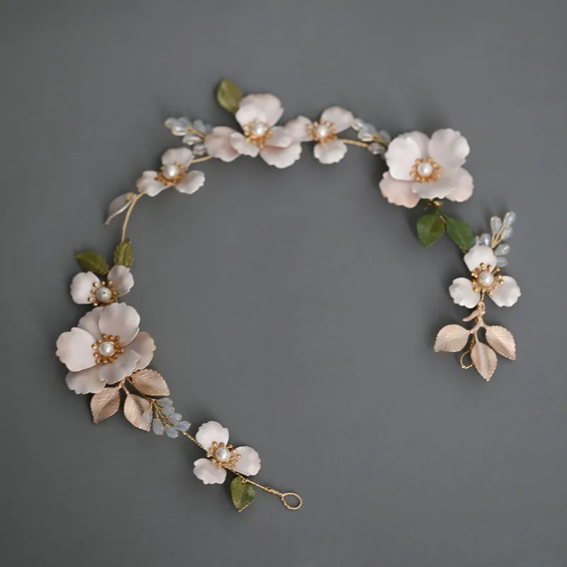 SLBRIDAL Handmade Ins Style Alloy Green Leaf Crystal Rhinestone Pearls Bridal Headband Wedding Headdress Hair Accessories Women