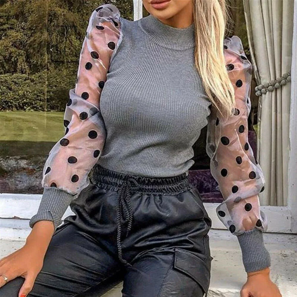 Women Spring Mesh Puff Long Sleeve Ribbed Knitted Shirt Loose Casual Polka Dots Blouse Tops Elegant Turtleneck Party Clubwear