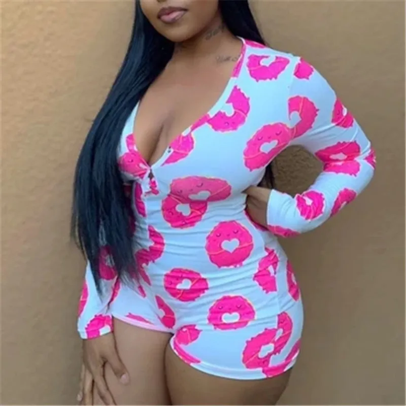 HOT Sexy Women Deep V-neck Sleepwear Playsuit Romper Bodycon Sleepwear Shorts Long Sleeve Print Bodysuit Jumpsuit Pus Size 3XL