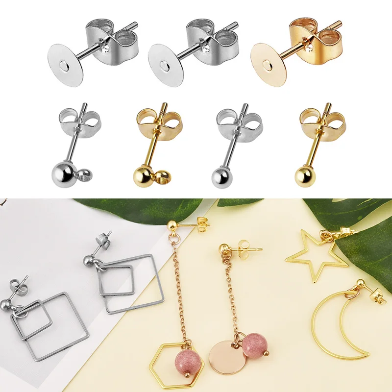 40/100pcs/Lot Gold Stainless Steel Blank Post Earring Studs Base Pins With Earring Plug Finding Ear Back For DIY Jewelry Making