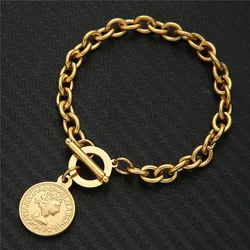 Vintage Stainless Steel Beauty Head Coin Charms Bracelets for Women OT Buckle Toggle Bracelet Hip Hop Jewelry Gifts