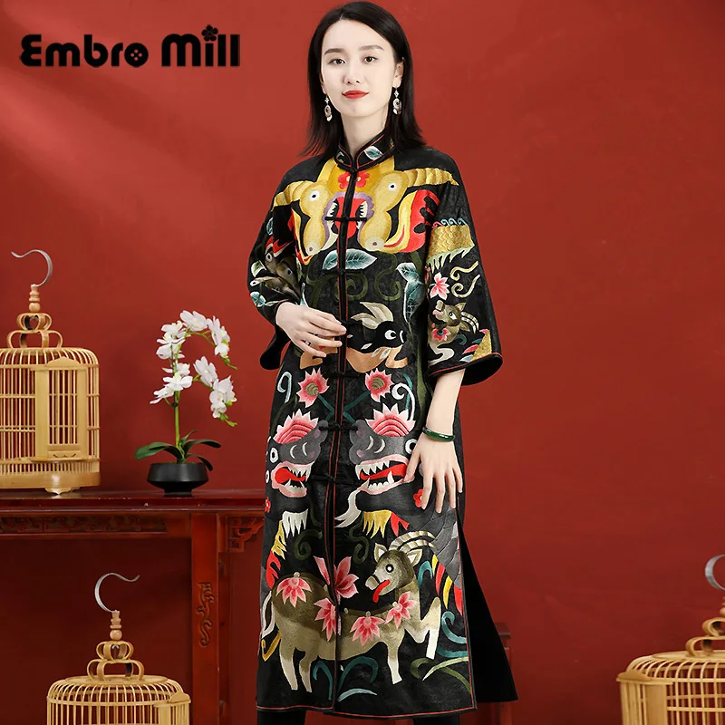 Spring And Autumn High-End Custom Chinese Style Hand Embroidery New Year Mascot Three Quarter Sleeve Mid-Length Lady Coat S-3XL