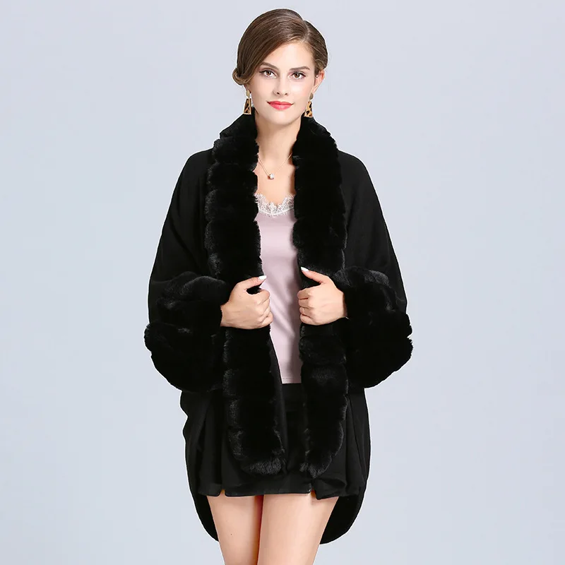 

Autumn and Winter Plus Size Luxury Imitation Rabbit Fur Big Collar Knitted Cardigan Coat Women's Cape Shawl