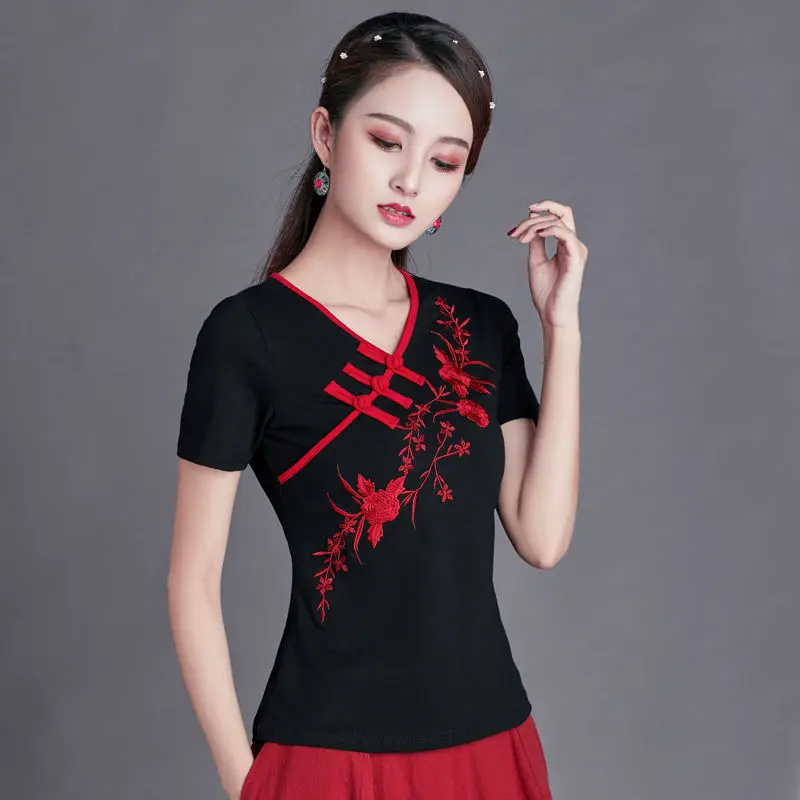 Cheongsam Womens Plus Size Short Tops 2024 Summer Fashion Cotton Blend Embroidery Cheongsam Slim fit Chinese Qipao Shirts Woman