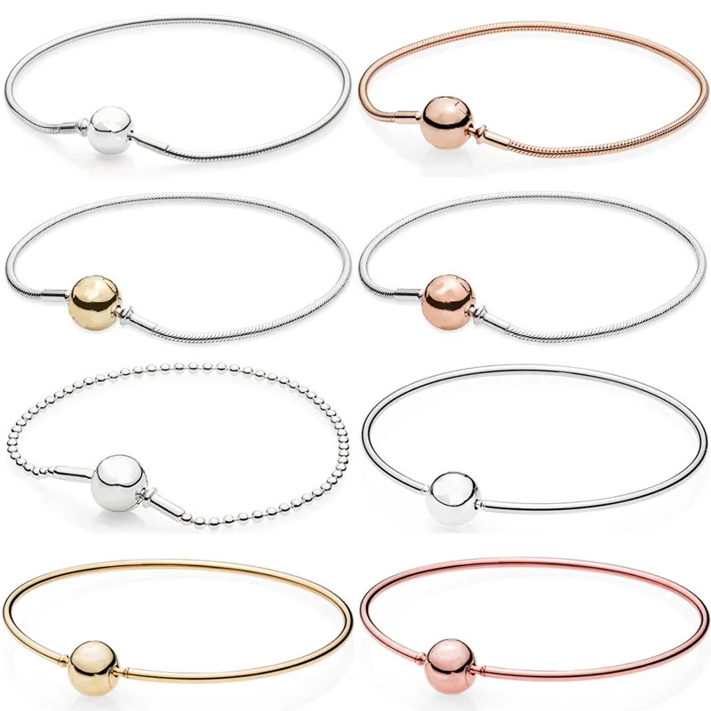 Pulsera de plata de ley 925 auténtica con broche de bola de rosa para mujer, brazalete con cuentas, joyería pandora