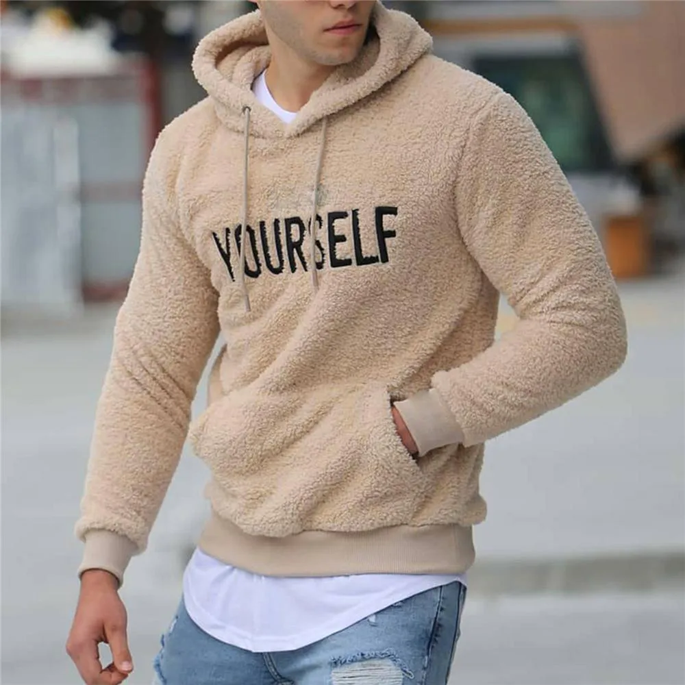 Autumn Winter Men Warm Plush Fleece Hoodie Sweatshirts Casual Long Sleeve Letter Print Hooded Pullover Top With Kangaroo Pocket