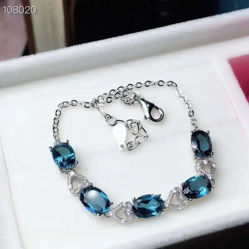 

100% Real And Natural Blue Topaz chain bracelet Free shipping Natural real Topaz 925 sterling silver