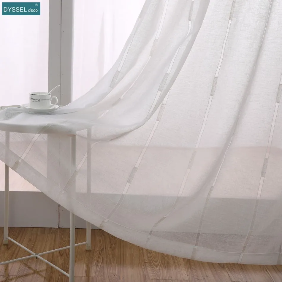 Modern Deco Linen Striped Home Offwhite Semi-Sheer European Style Window Tulle Kitchen Curtain for Livingroom Bedroom