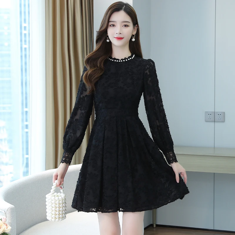 2024 Korean Vintage Long Sleeve Dress Autumn Winter Casual Black Sexy Mini  Dress Women Elegant Bodycon Party Solid Lace Vestidos - AliExpress 200000345