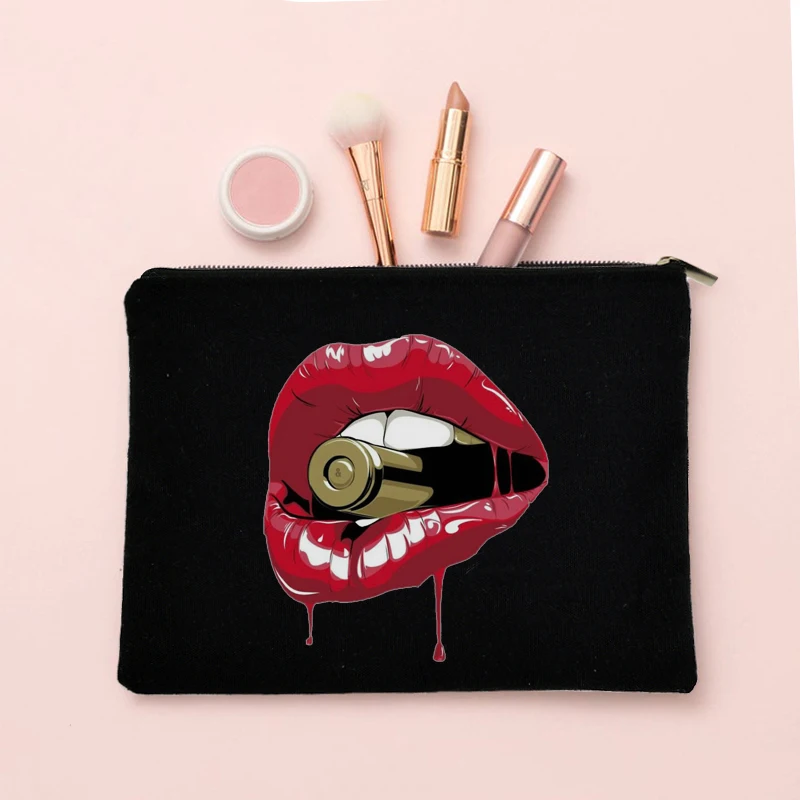 Red Mouth Lip Kiss Printed Cosmetic Case Woman Travel Cosmetic Bag Harajuku Leopard Kiss Lips Graphic Organizer Make Up Cases