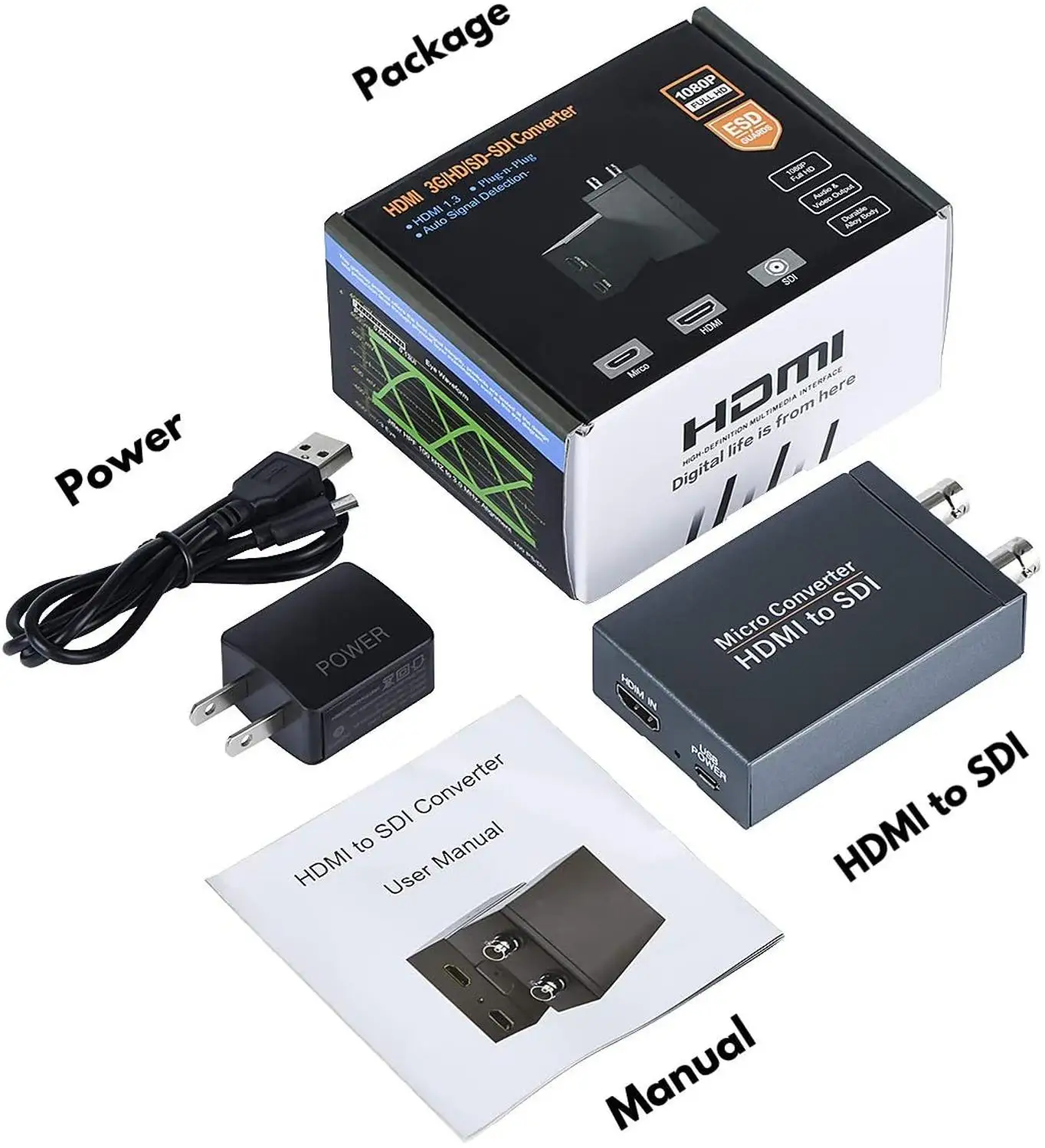 Microconvertidor de HDMI a SDI, con adaptador de fuente de alimentación, entrada de Audio, compatible con HDMI 1,3