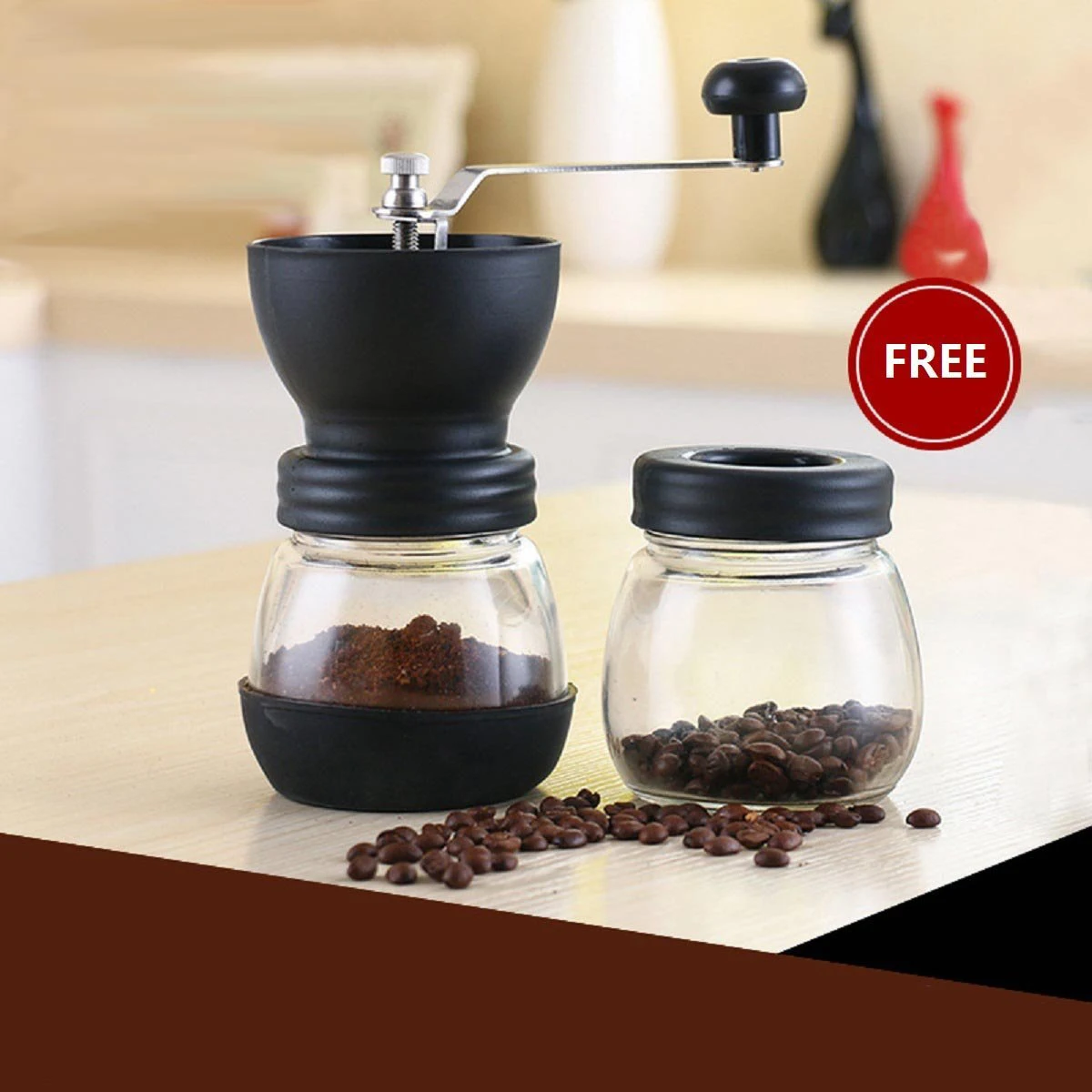 High Quality GLASS Manual Coffee Grinder with Storage Jar Soft brush Conical Ceramic Burr Quiet and Portable