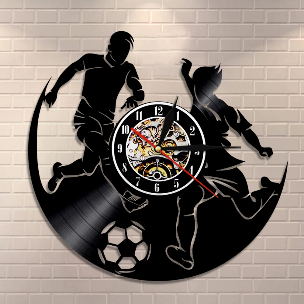 Play Football Vinyl Record Wall Clock Modern Design Group Sport Soccer Team Player Hanging Home Decor For Play Soccer Lover Gift