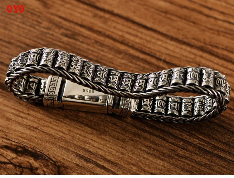 Real S925 sterling silver retro personality six-character mantra transfer men's bracelet