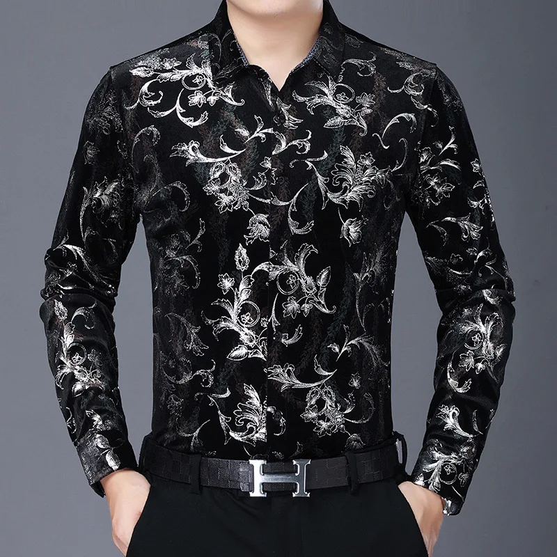 Exquisite Carved Premium Shirts For Men Long Sleeved Regular Fit Autumn High-Quality Velvet Smooth Comfortable Camisas De Hombre