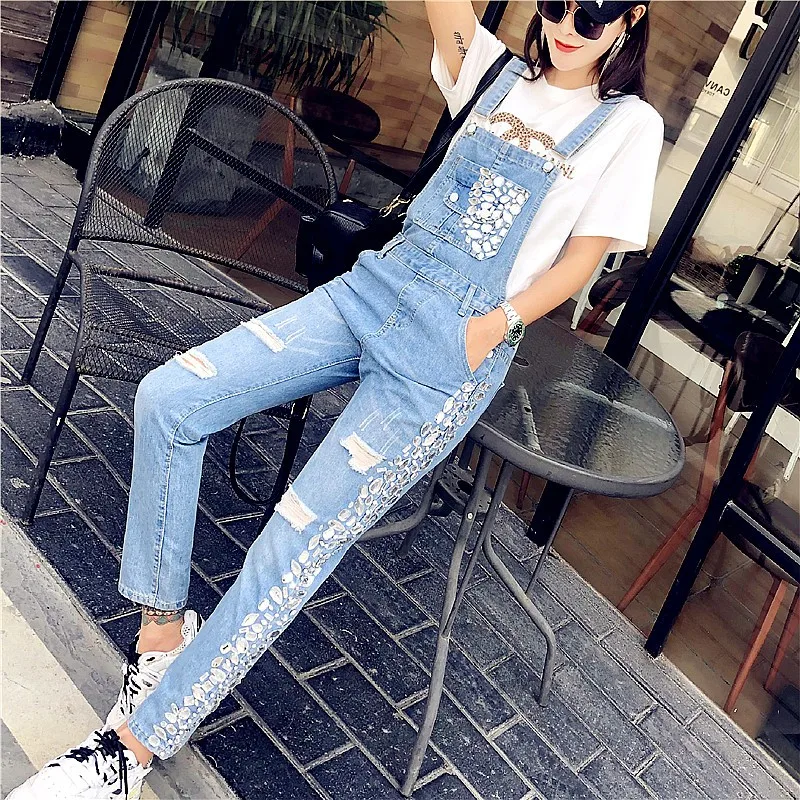 Primavera Estate Nuovo Diamante Scava Fuori Allentato Denim di Modo Delle Donne Streetwear Tute e Salopette Tasca Dei Jeans Tute e Tute da Palestra Vestiti