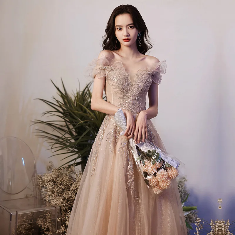 

Bling Sequins Bridal Wedding Dresses Gown Mesh Temperament Off Shoulder Cheongsam Sexy Strapless Lace Woemn Pleated Vestidos