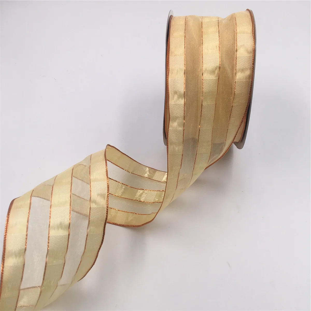 25Yard 63MM Wired Edge Cream Sheer Checked Ribbon With Copper Line  for Birthday Chirstmas Decoration Gift DIY Wrapping 2-1/2