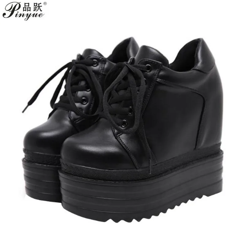 Women\'s Ankle Boots 2020 Autumn PU Leather Shoes Woman Platform Height Increased Sneakers 13.5 CM Thick Sole Wedges black boots