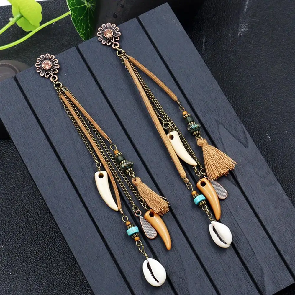 Women Fashion Bohemian Shell pendant Earrings Vintage Long Tassel Fringe Boho Dangle Earrings Morocco Turkish Earings Jewelry view 2