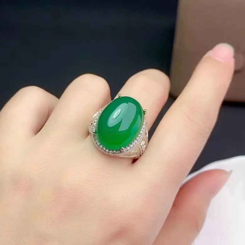 

Man Ring Natural And Real Chalcedony ring 925 sterling silver Fine green gem jewelry For man Gem 15*20mm