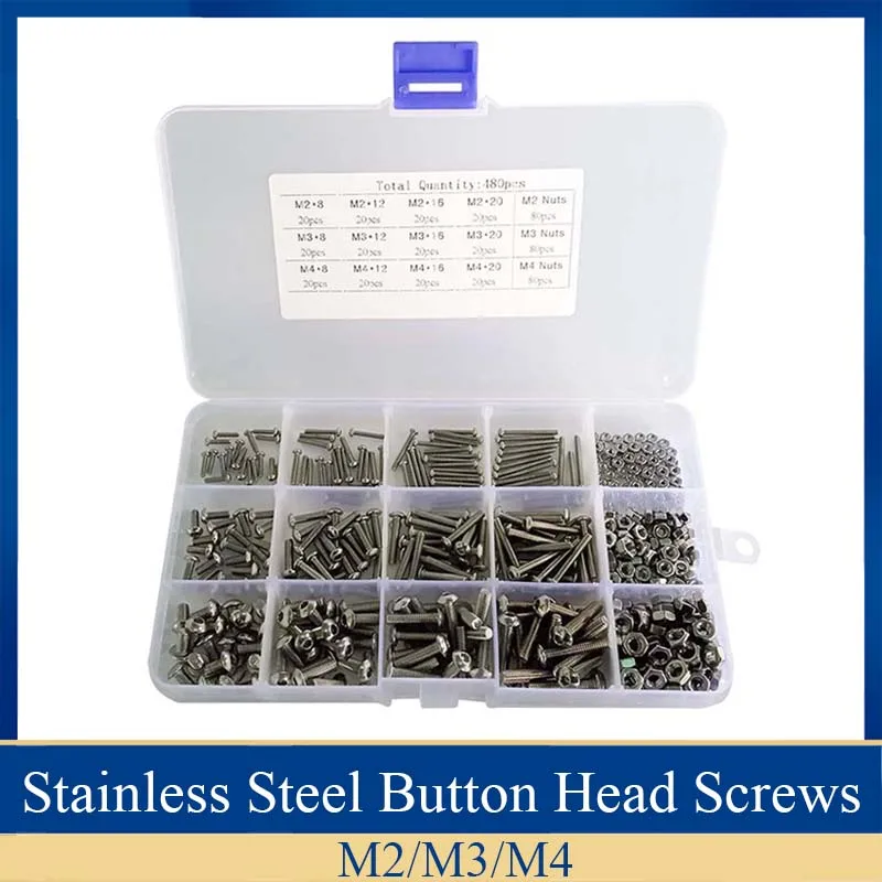 480Pcs Button Head 12 Sizes Screw And Nuts Kit,M2 M3 M4 Assorted Hex Socket Head Cap Bolts Screws Nuts Assortment Set Kit