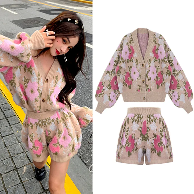 Women 2 Pcs Tracksuit Spring Autumn Floral Knitted Sweatshirts Cardigans Loose Tops Shorts Pants Sets Suit Clothing Set NS243