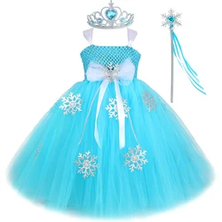 Skyblue Elsa Long Princess Dresses for Girls Snow Queen Christmas Cosplay Costume Kids Sparkly Snowflakes Xmas Party Tutu Outfit