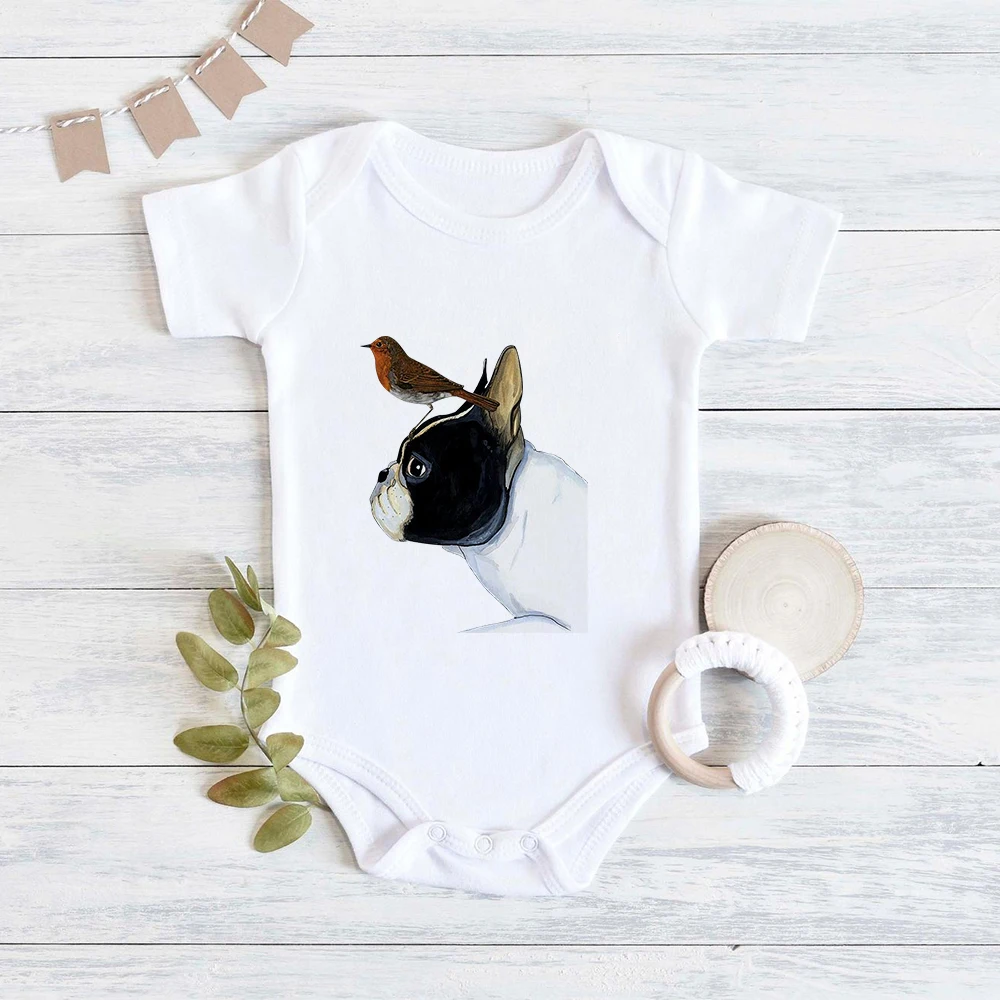 French Bulldog Print 2021 Baby Clothes Fashion Cute Animal Newborn Baby Boy Bodysuits Short Sleeve Cozy Toddler Girl Romper