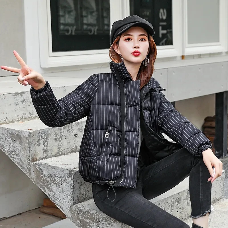 Chic Short Striped Women Down Cotton Jacket Women Bread Loose Stand Collar Winter Warm Coat Design Oversized Quilted Jackets