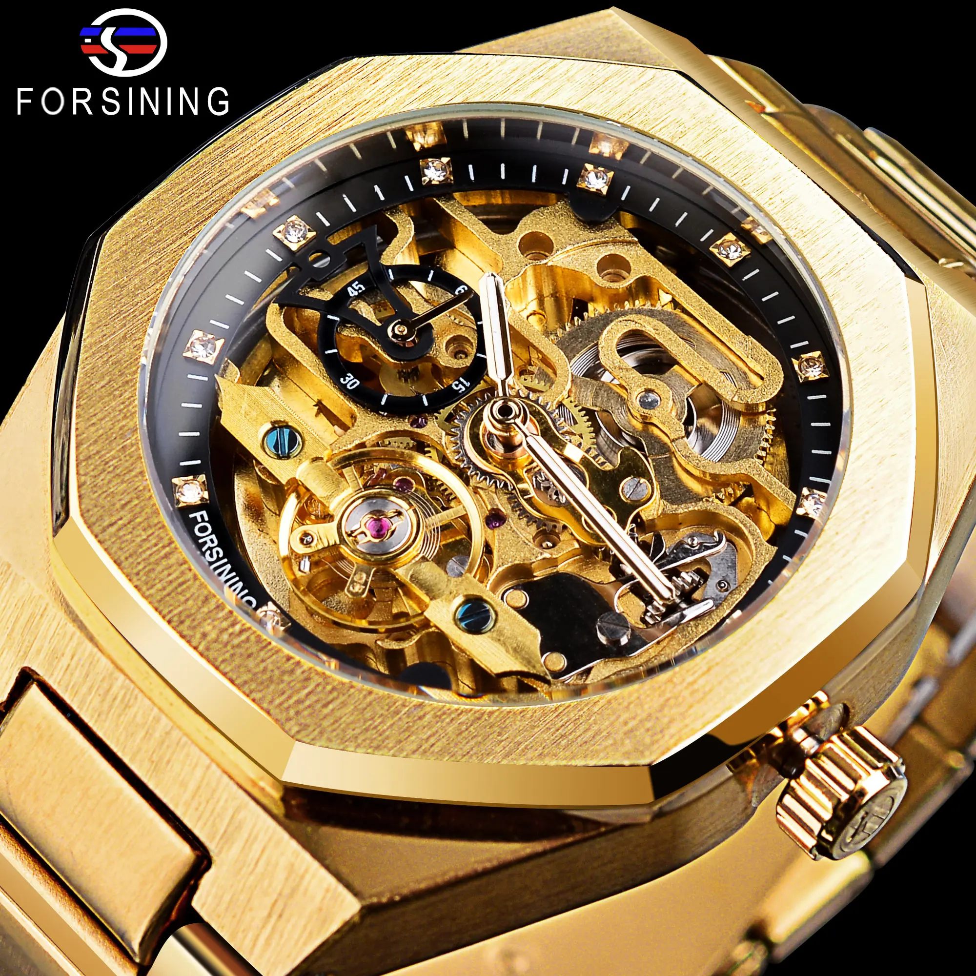 

Forsining 2021 Fashion Tourbillion Design Golden Stainless Steel Waterproof Men Automatic Mechanical Wristwatch Top Brand Luxury