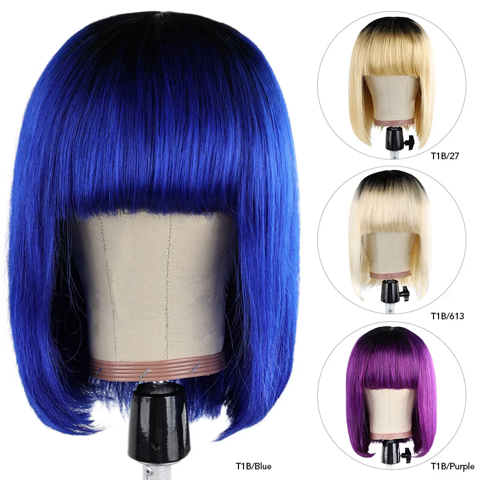 

Парик из натуральных волос с челкой, 100% натуральные бразильские прямые волосы Реми, короткие волосы Bobo, парик с бахромой