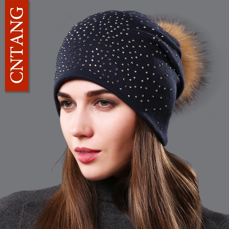 Women's Hat Natural Raccoon Fur Pompom Beanies Autumn Winter Warm Cotton Hats Rhinestone Fashion Caps for Women Multiple Styles