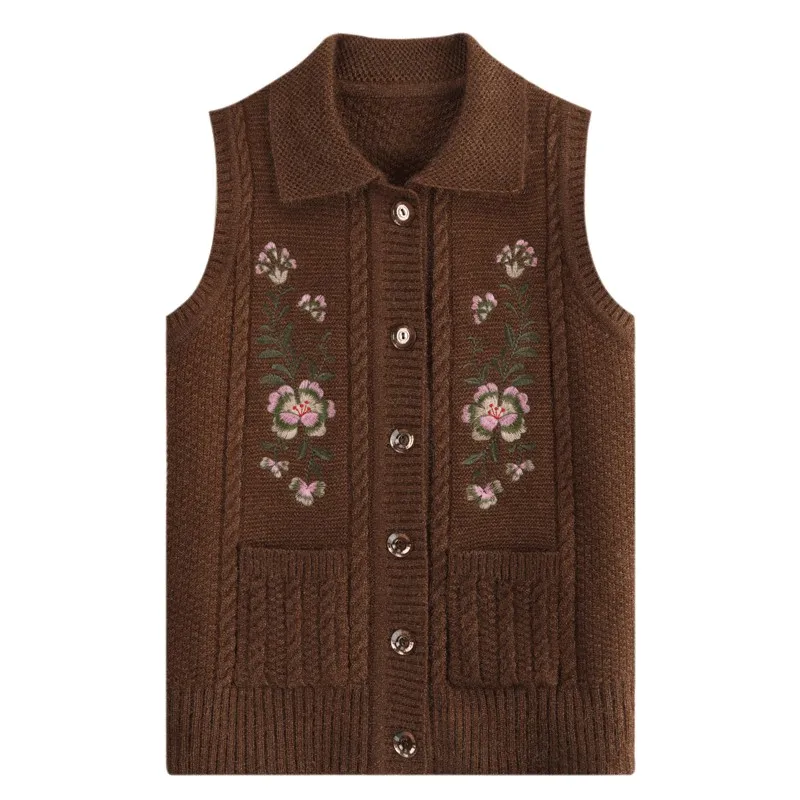 New 2024 Middle The Elderly Autumn Winter Women Sweater Cardigan Vest Female Knitting Waistcoat Single-Breasted Sweater