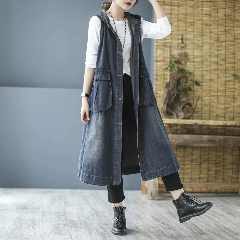 Masss Wasss Korean Style Denim Hooded Long Vest Coat 2021 Women Button Loose Vintage Waistcoats Female Punk Sleeveless Clothes