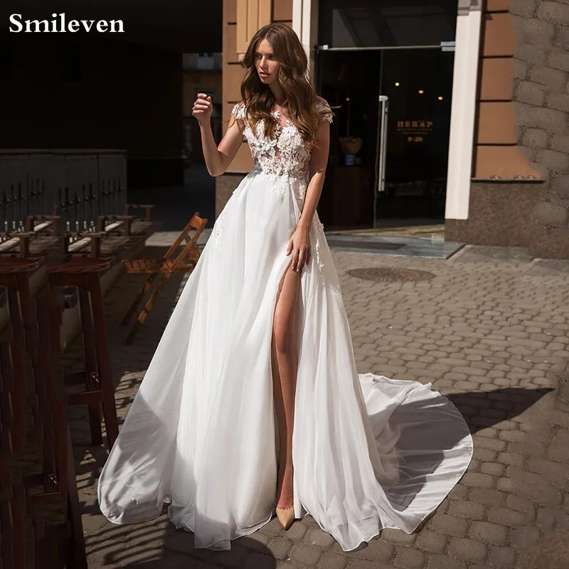 Smileven White Beach Wedding Dress 2021 A Line  Boho Bride DressesHigh Side Split vestido de novia Cap Sleeves Wedding Gowns