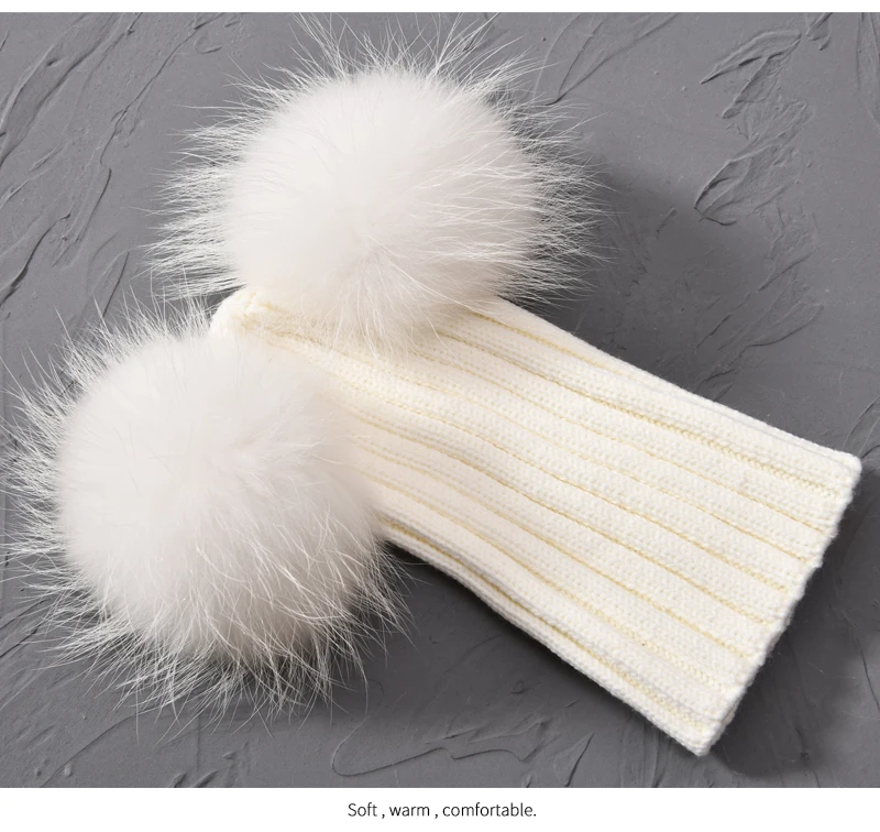 JX Watcher Winter Doppel Echtpelz Pom Pom Hut für Kinder Baby Strick mützen mit zwei Pelz Pompons Jungen Mädchen hochwertige Mütze Mütze – Detail 28