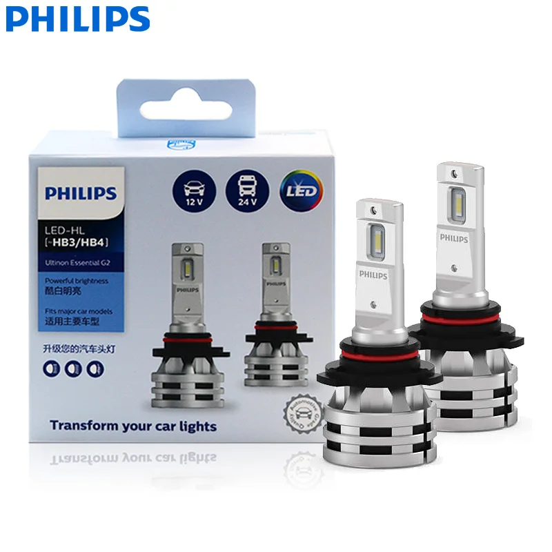 Philips LED 9005 9006 HB3 HB4 Ultinon Essential LED Gen2 24W LED G2 6500K Cool White Lamps Auto Headlight Bulbs 11005UE2X2, 2pcs