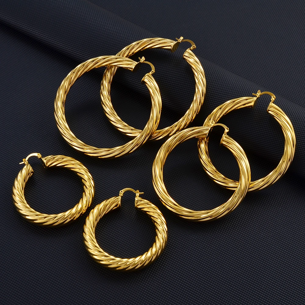 Anniyo (1 Pair) 5CM 6CM 7CM 8CM African Big Earrings for Women Large Round Brass Twisted Earring Arab Ethiopian #003006