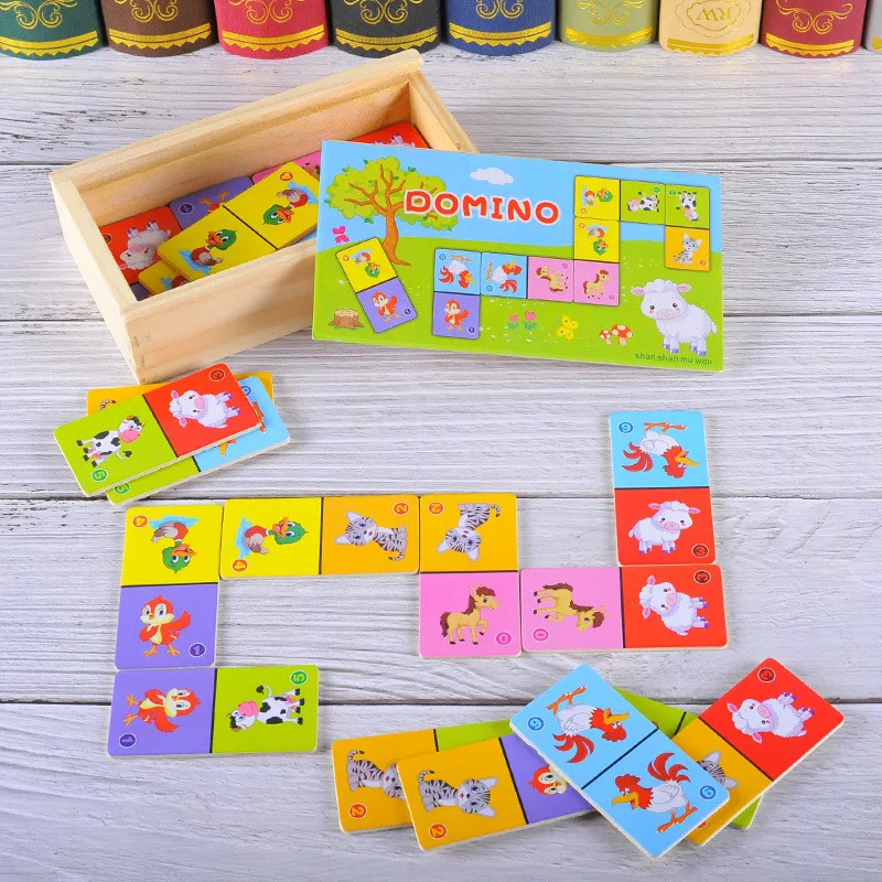 Montessori Wooden Domino Building Blocks Set Early Educational Toys Kids Cartoon Cognitive Animal Dominoes Puzzle Toy Children