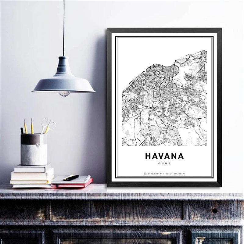 Black White Havana Map Canvas Prints Havana Cuba City Map Modern Wall Art Painting Havana Gift Travel Poster Home Room Decor