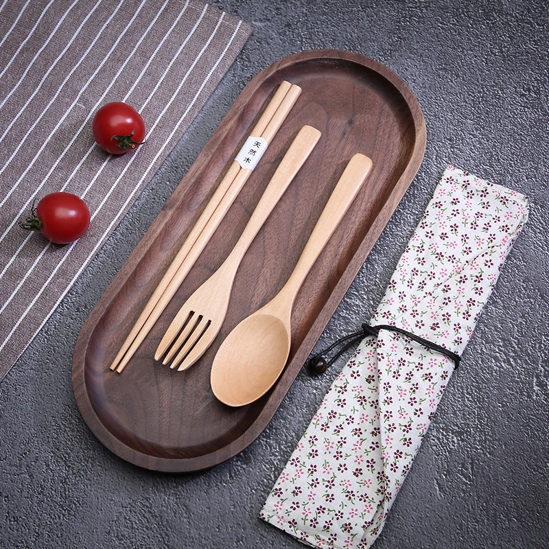 Portable 3-piece Wooden Cutlery Sets Wood Tableware Travel Spoon Chopsticks Fork Dinnerware Suit with Cloth Pack Gifts Set