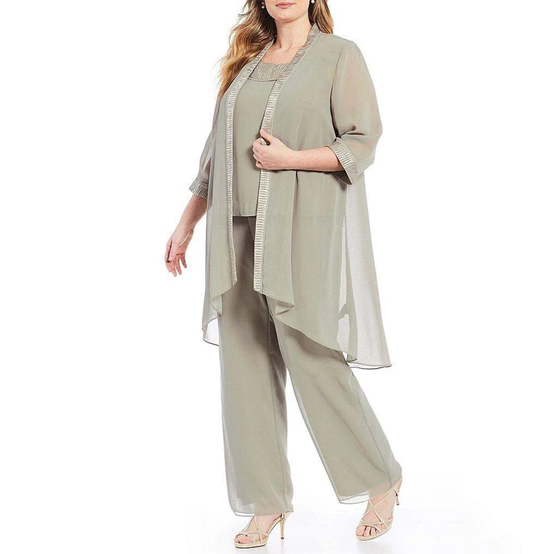 Plus Kích Thước Mẹ Của Cô Dâu Áo Nửa Tay Thanh Lịch 2020 Voan Pantsuit 3 Miếng Tiệc Cưới Khách ĐẦM BẦU