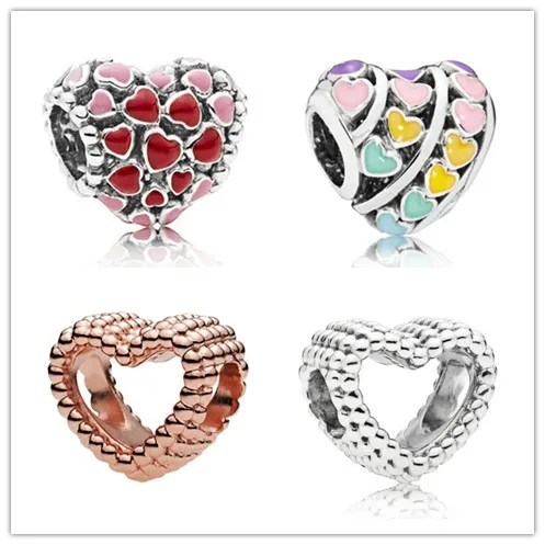 

925 Sterling Silver Bead Charm Classic Openwork Beaded Love Heart Bead Fit Women pan Bracelet Necklace Diy Jewelry