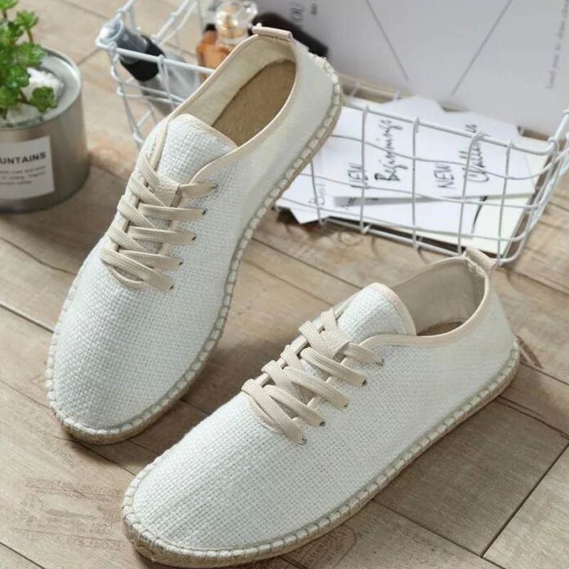 Men Canvas Shoes Breathable Men's Loafers Slip On Solid Black White Hemp Wrap Mens Shoes Espadrilles Fisherman  LA-26