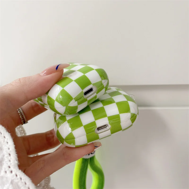 Stylish Green White Checkboard Earphone Case For Airpods1 2 Fluorescent Green Lanyard Headphone Protevtive Cover For Airpods Pro