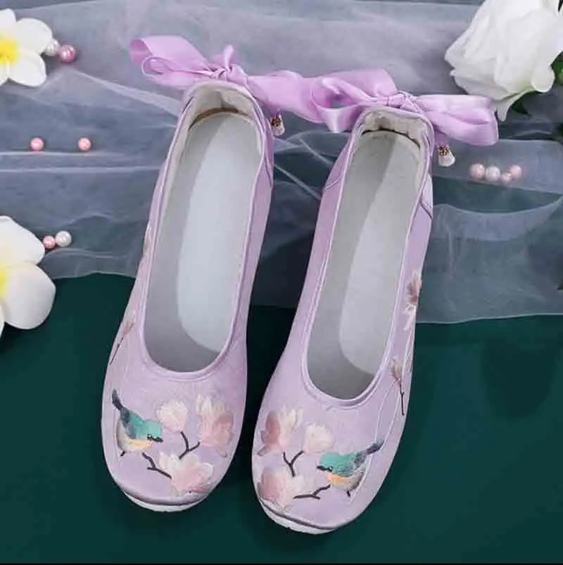 Zapatos Hanfu chinos tradicionales para mujer, zapatos planos de Interior antiguo, zapatos verdes bordados, zapatos Hanfu de boda para mujer