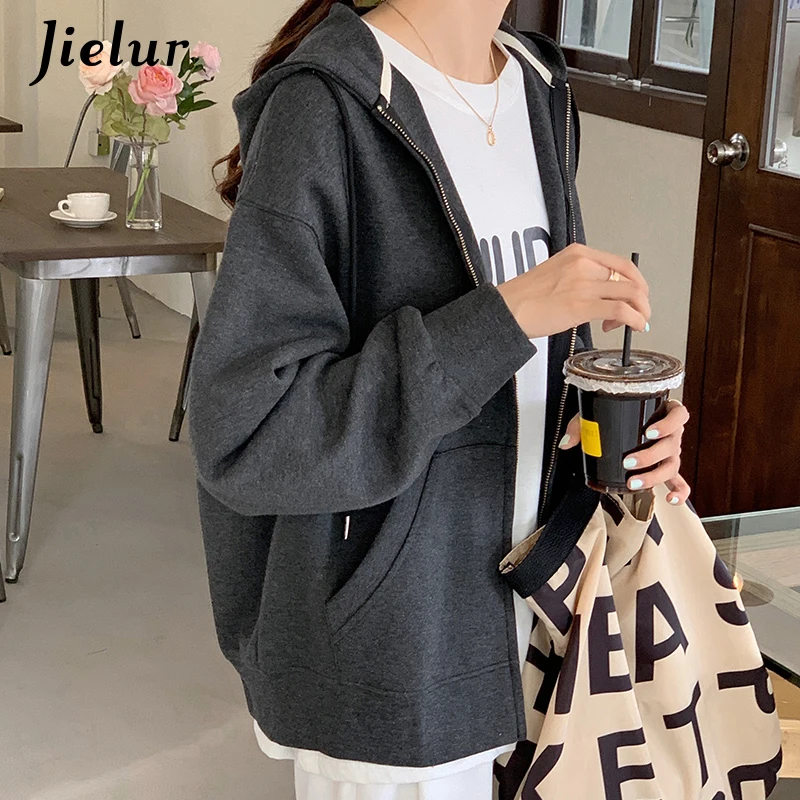 Jielur Autumn Chic Zip-up Hoodies Female Casual Street Loose Thin Blue Gray Apricot Sweatshirt Pocket Hooded Women Cardigans